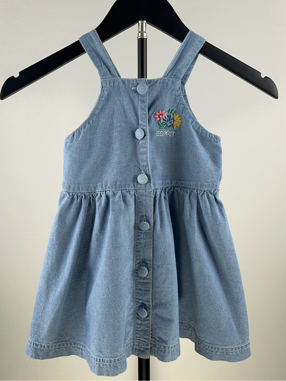 Esprit Vintage 90s Denim Pinafore Embroidered Flower Dress 2T